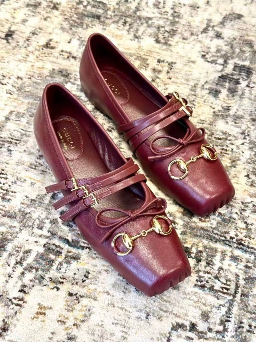 Gucci Burgundy Leather Horsebit Mary Jane Ballet Flats Bow